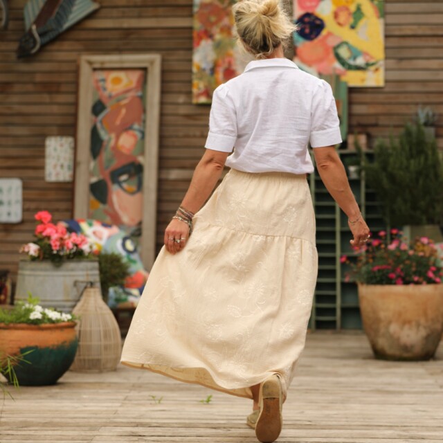 Quintessence - Jupe Sarah - double gaze de coton brodée ivoire