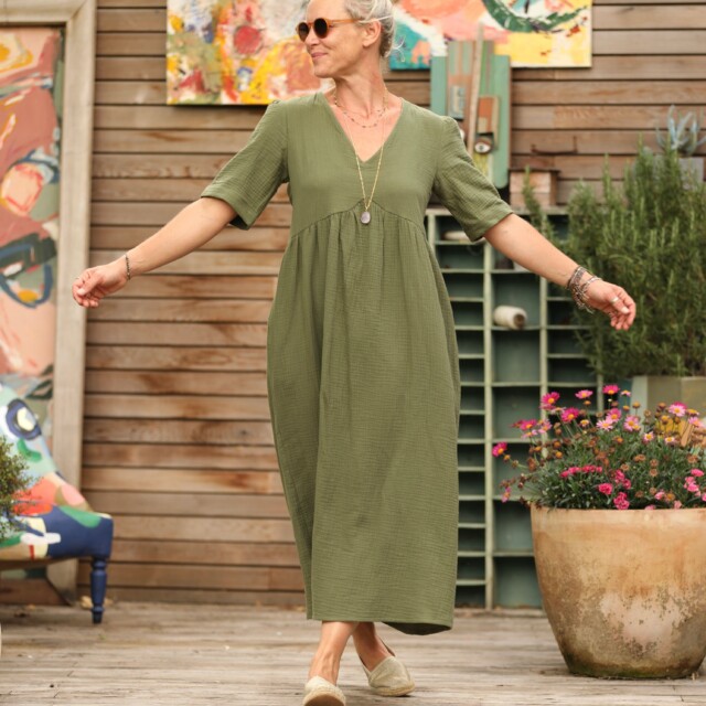 Quintessence - Robe Edonie – Double gaze de coton vert kaki