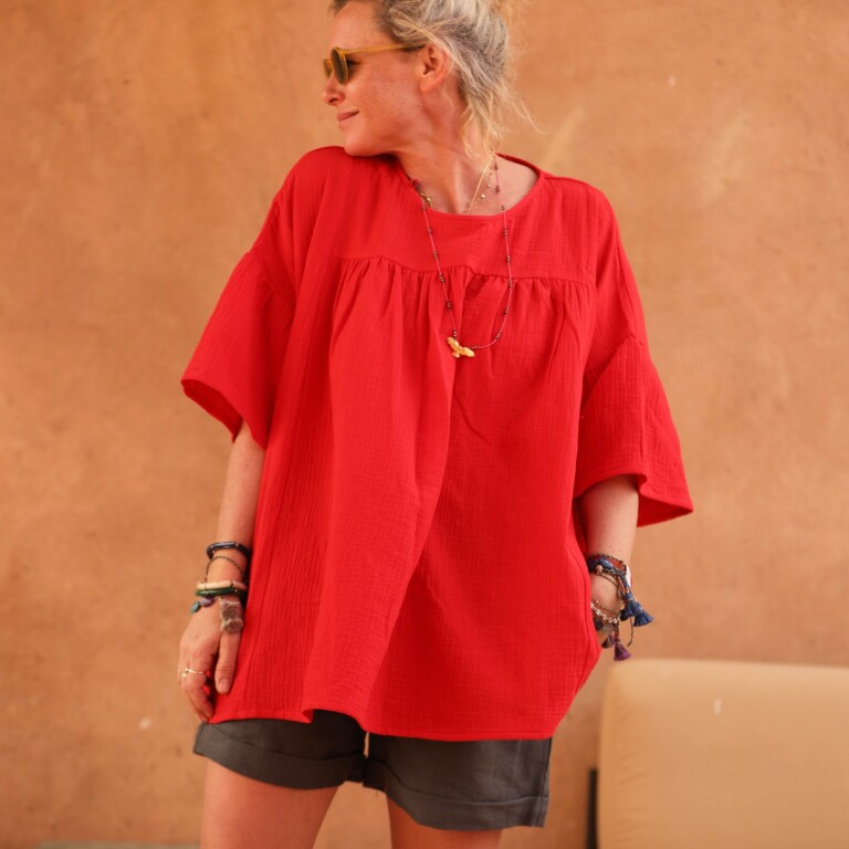 1F5A1745 Quintessence - Blouse Léopoldine - double gaze de coton rouge coquelicot