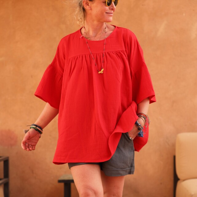 Quintessence - Blouse Léopoldine - double gaze de coton rouge coquelicot