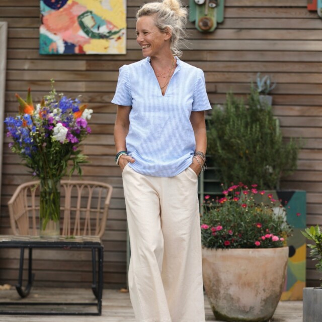 Quintessence - Blouse Ernestine lin/coton fine rayure bleue