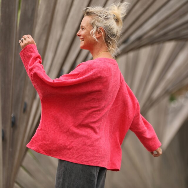 Quintessence - Blouse Naomie - Double gaze de coton/lin jacquard fleuri rose gourmand