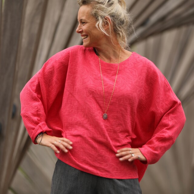 Quintessence - Blouse Naomie - Double gaze de coton/lin jacquard fleuri rose gourmand