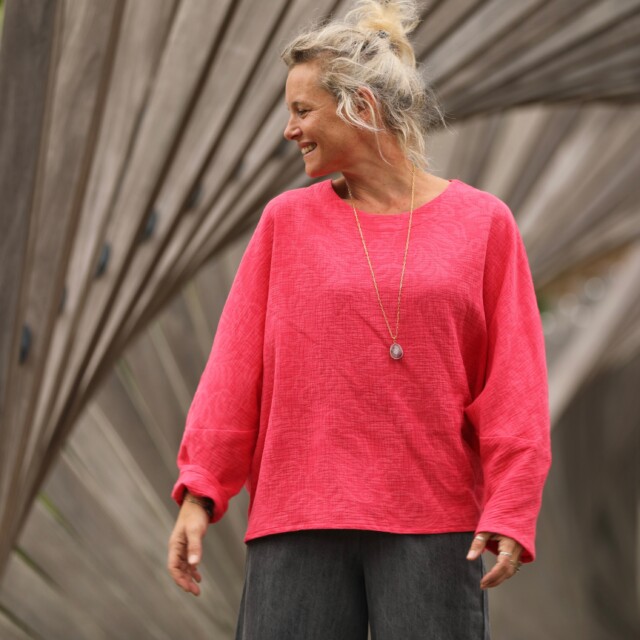 Quintessence - Blouse Naomie - Double gaze de coton/lin jacquard fleuri rose gourmand