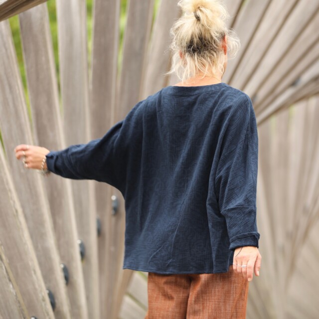 Quintessence - Blouse Naomie - Double gaze de coton/lin jacquard fleuri marine