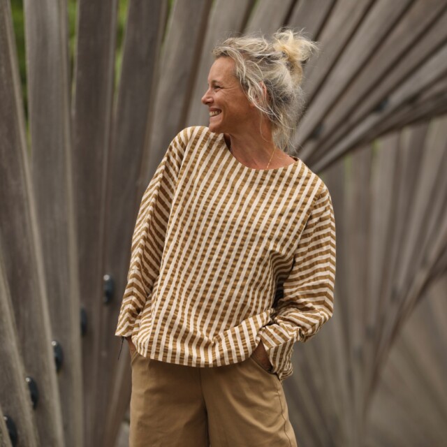 Quintessence - Blouse Naomie - Seeresucker de coton rayé camel/ivoire