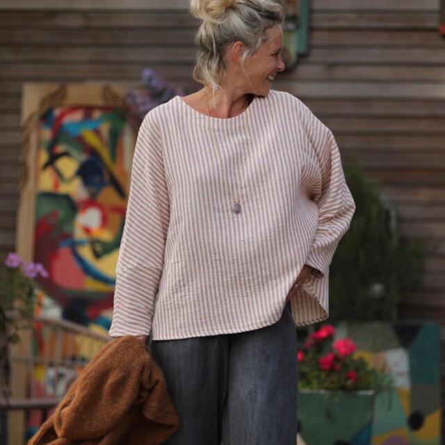 Quintessence - Blouse Naomie - double gaze de coton rayée écureuil