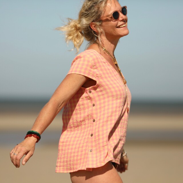 Quintessence - Blouse Sidonie double gaze de coton carreaux rose orangé