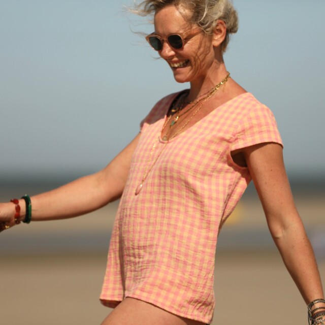 Quintessence - Blouse Sidonie double gaze de coton carreaux rose orangé