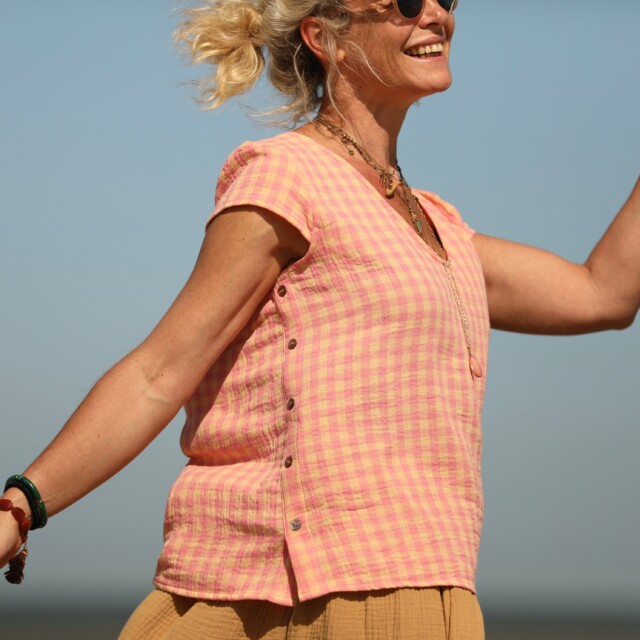 Quintessence - Blouse Sidonie double gaze de coton carreaux rose orangé