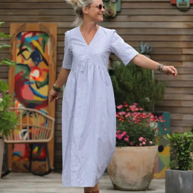 Quintessence - Robe Edonie – rayure lin/coton bleu