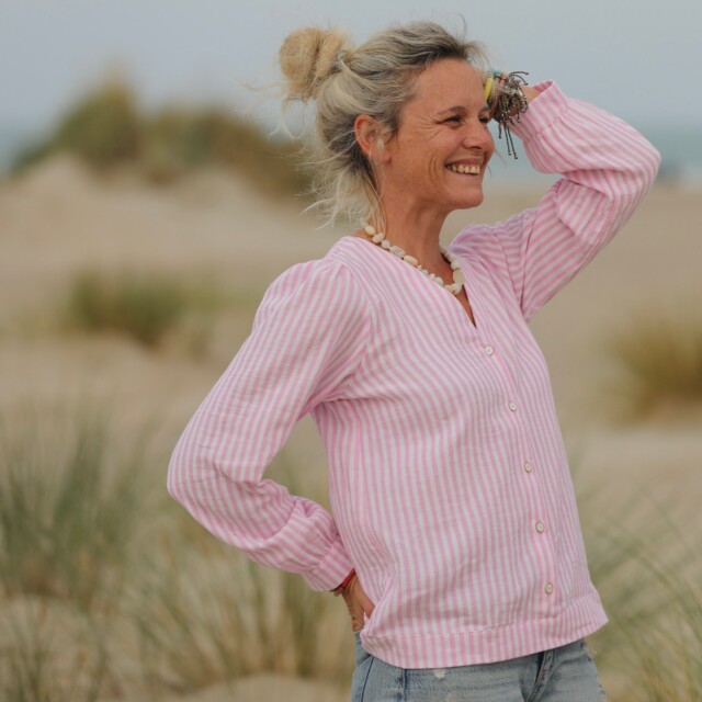 Quintessence - Blouse Léocadie - double gaze de coton rayée rose/blanc