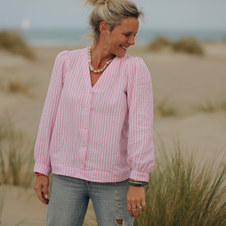 Quintessence - Blouse Léocadie - double gaze de coton rayée rose/blanc