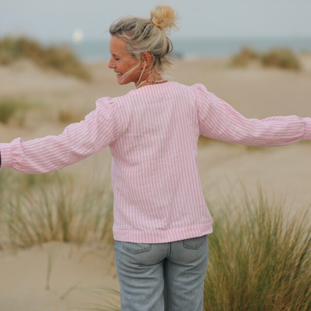 Quintessence - Blouse Léocadie - double gaze de coton rayée rose/blanc