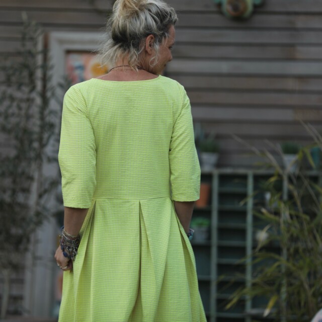 Quintessence - Robe Louisa manches 3/4 vichy ficelle/jaune fluo