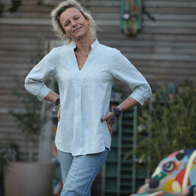 Quintessence - Blouse Isabeau - coton/lin rayé pomme
