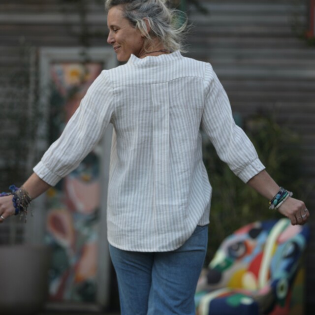 Quintessence - Blouse Isabeau - double gaze de coton rayée ficelle/ivoire