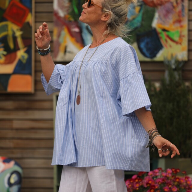 Quintessence - Blouse Léopoldine -  lin/coton rayure bleu lumineux