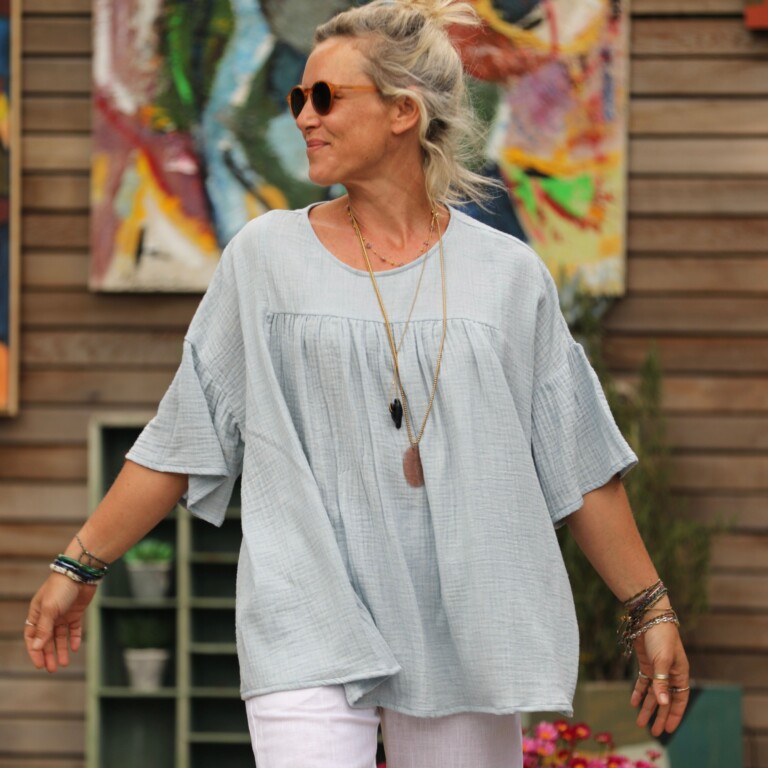 Quintessence - Blouse Léopoldine - double gaze de coton chinée bleu doux