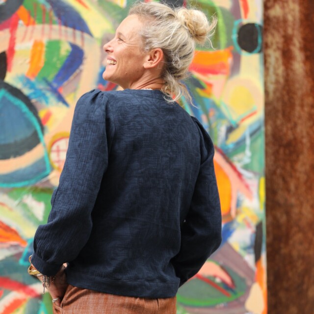 Quintessence - Blouse Léocadie - Double gaze de coton/lin jacquard fleuri marine