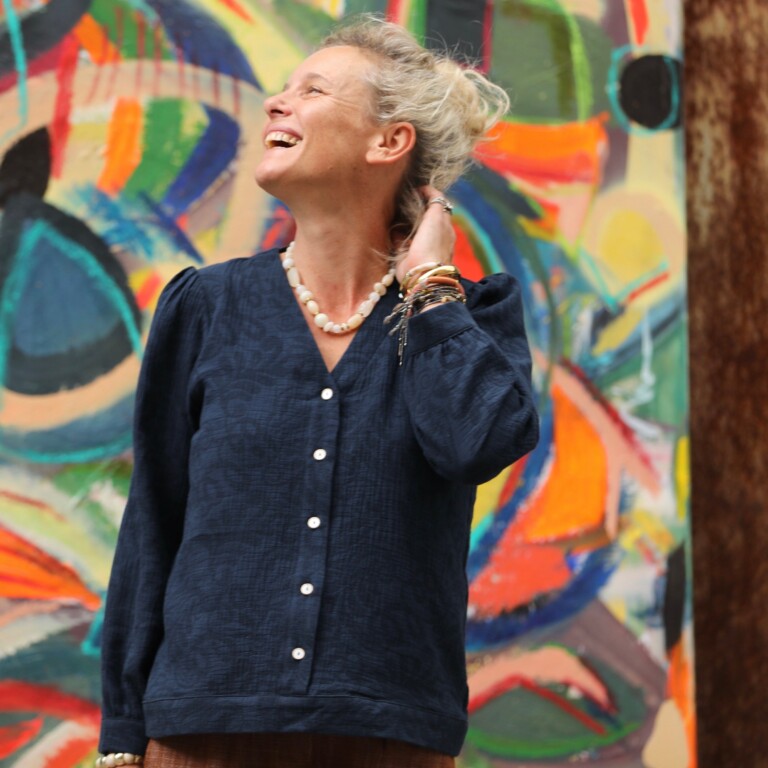 Quintessence - Blouse Léocadie - Double gaze de coton/lin jacquard fleuri marine