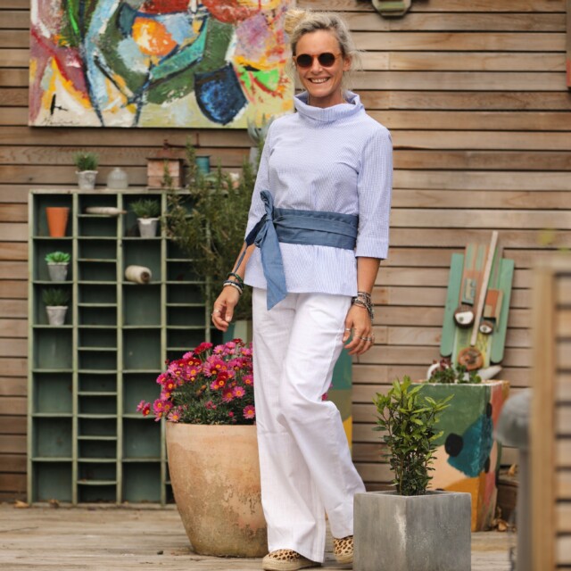 Quintessence - Blouse Catherine en seersucker de coton bleu/blanc