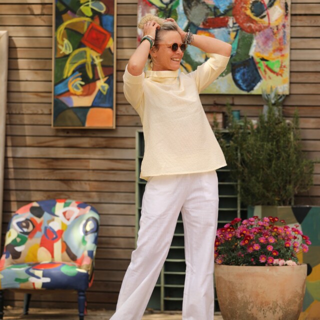 Quintessence - Blouse Catherine en seersucker de coton jaune/blanc