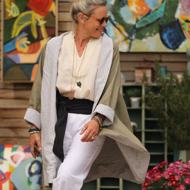 Quintessence - Veste Lisandre lin kaki/rayure kaki