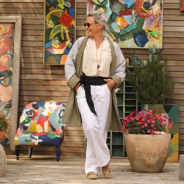 Quintessence - Veste Lisandre lin kaki/rayure kaki