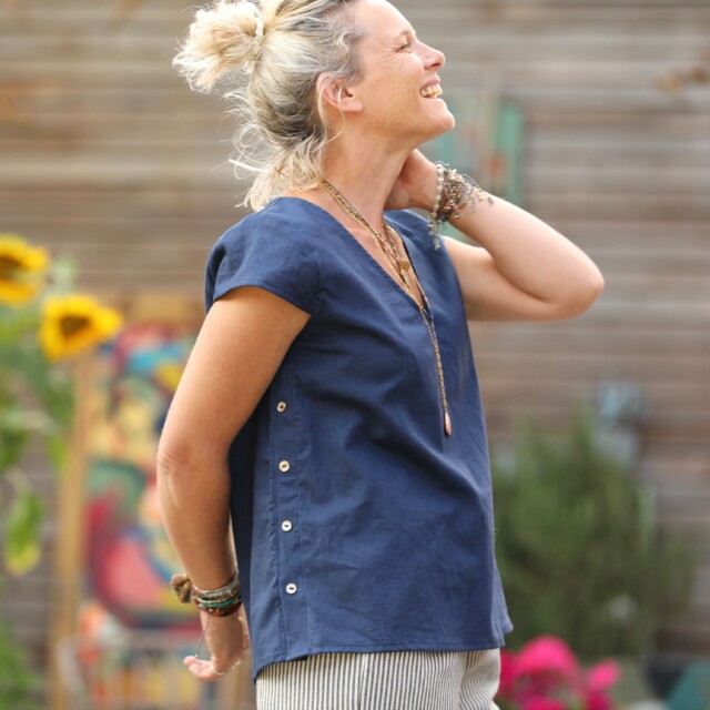 Quintessence - Blouse Sidonie en lin lavé bleu indigo
