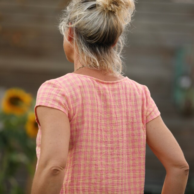 Quintessence - Blouse Sidonie double gaze de coton carreaux rose orangé