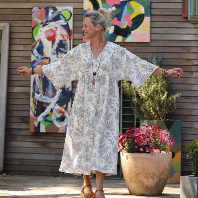 Quintessence - Robe Kalaya – double gaze de coton rouge-gorge gris/ivoire