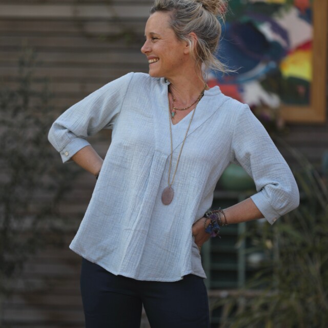 Quintessence - Blouse Isabeau - double gaze de coton chinée bleu doux