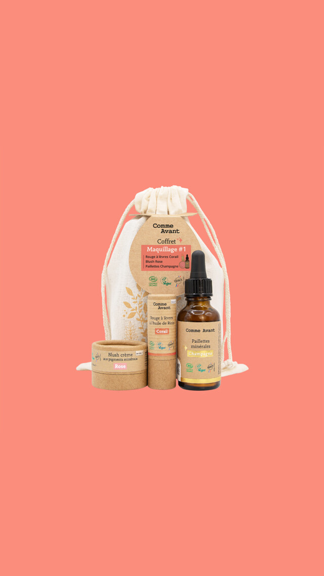 Comme Avant - Coffret Maquillage Bio, Vegan & Naturel – Fabriqué en France – Blush, Rouge à Lèvres et Paillettes Highlighters