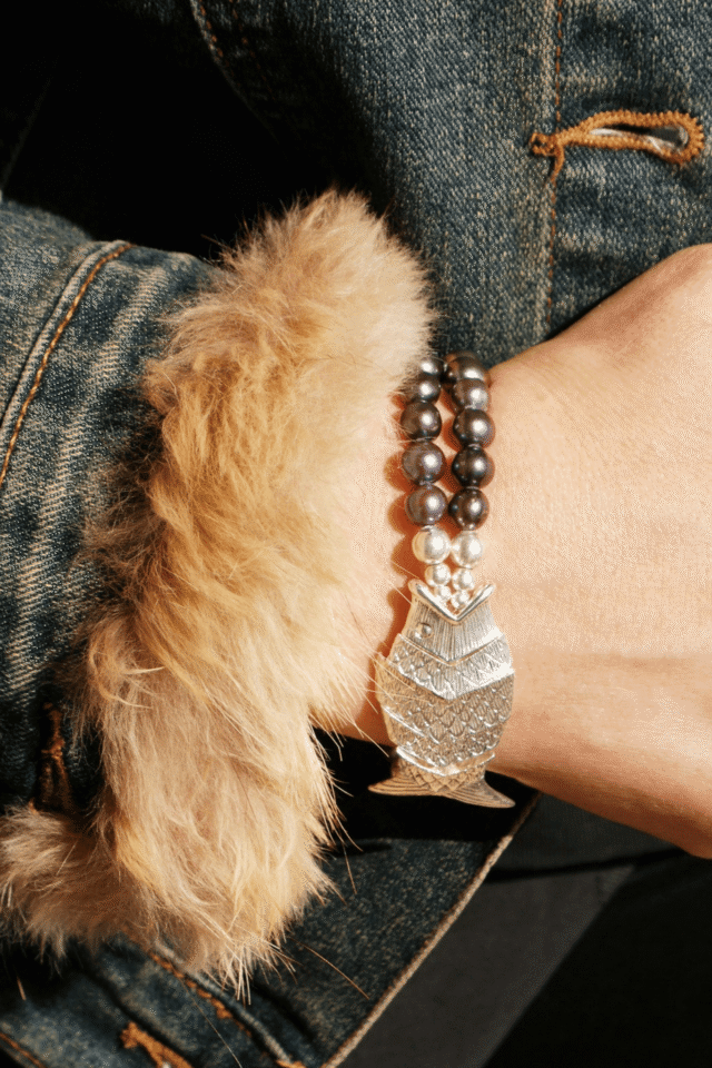 NEIJE - Bracelet Gefilte Perles de Culture Noires et Argent