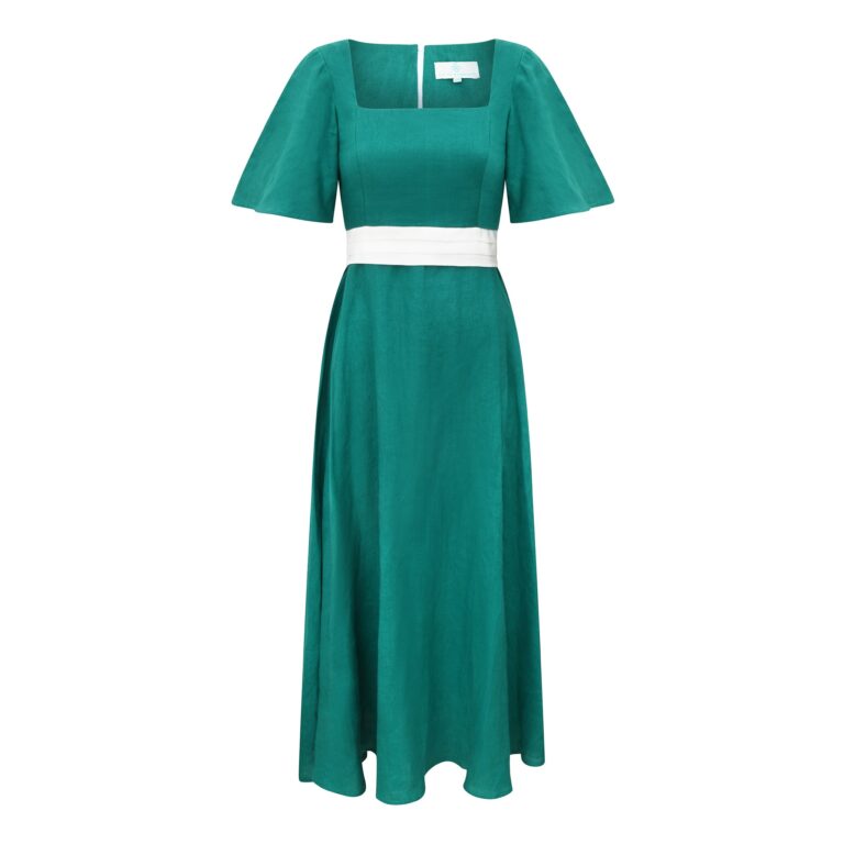 DIM 3221 2e4aa7ce e375 4b56 a3fc 2c3eb16fef7b Divine Harmonie - Robe Longue Terre d'Émeraude en Lin – L / Vert Émeraude et Blanc