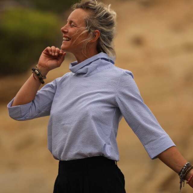 Quintessence - Blouse Catherine en seersucker de coton bleu/blanc