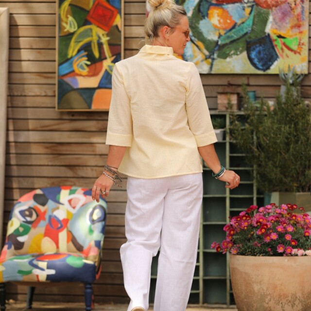 Quintessence - Blouse Catherine en seersucker de coton jaune/blanc
