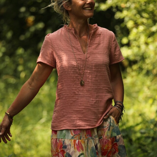 Quintessence - Blouse Ernestine Gaze légère à double structure rose boisé