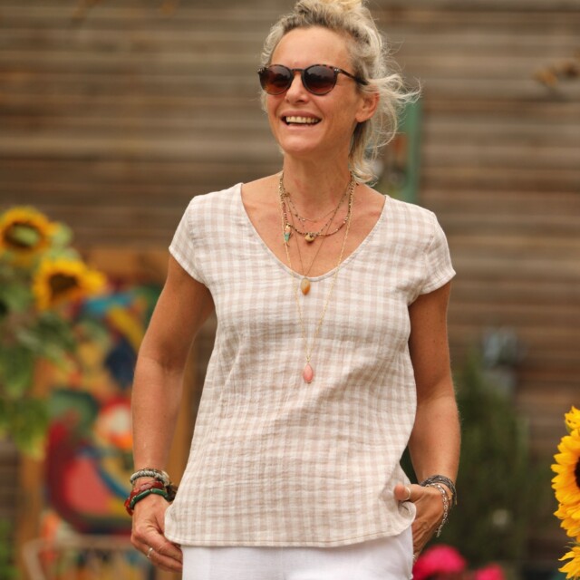 Quintessence - Blouse Sidonie double gaze de coton à carreaux ficelle