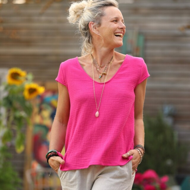 Blouse Sidonie double gaze de coton rose fuchsia par la marque Quintessence Quintessence - Blouse Sidonie double gaze de coton rose fuchsia