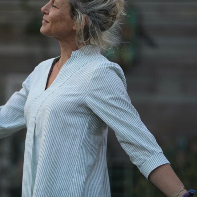 Quintessence - Blouse Isabeau - coton/lin rayé pomme