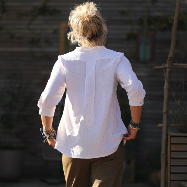 Quintessence - Blouse Isabeau - double gaze de coton blanche plumetis or