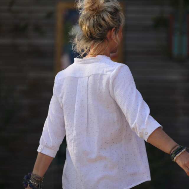 Quintessence - Blouse Isabeau - double gaze de coton blanche plumetis or