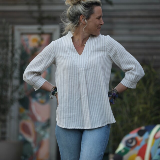 Quintessence - Blouse Isabeau - double gaze de coton rayée ficelle/ivoire