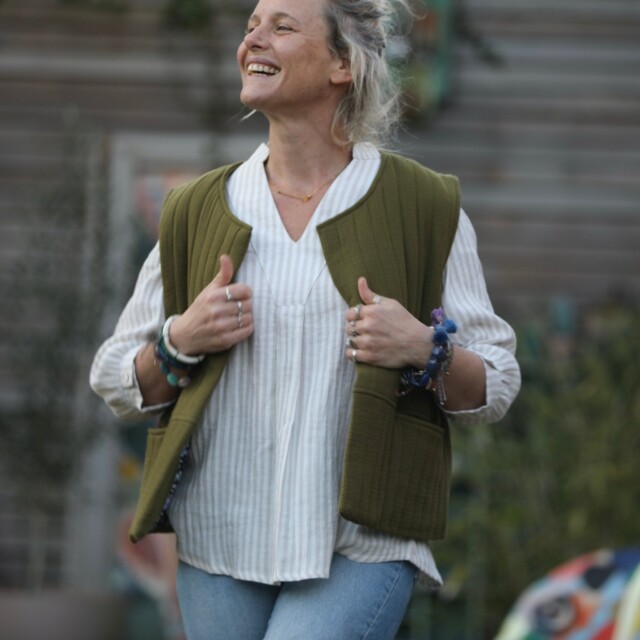 Quintessence - Blouse Isabeau - double gaze de coton rayée ficelle/ivoire