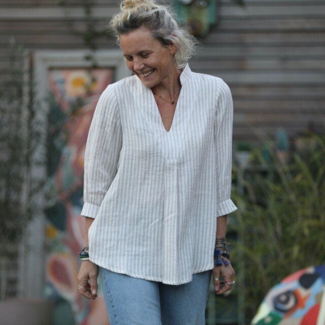 Quintessence - Blouse Isabeau - double gaze de coton rayée ficelle/ivoire