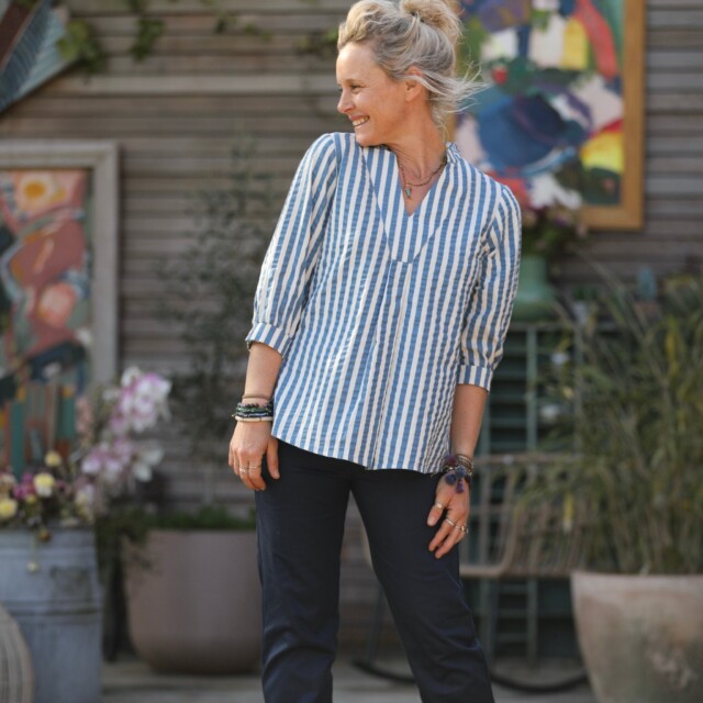 Quintessence - Blouse Isabeau - seersucker large rayure bleu/blanc