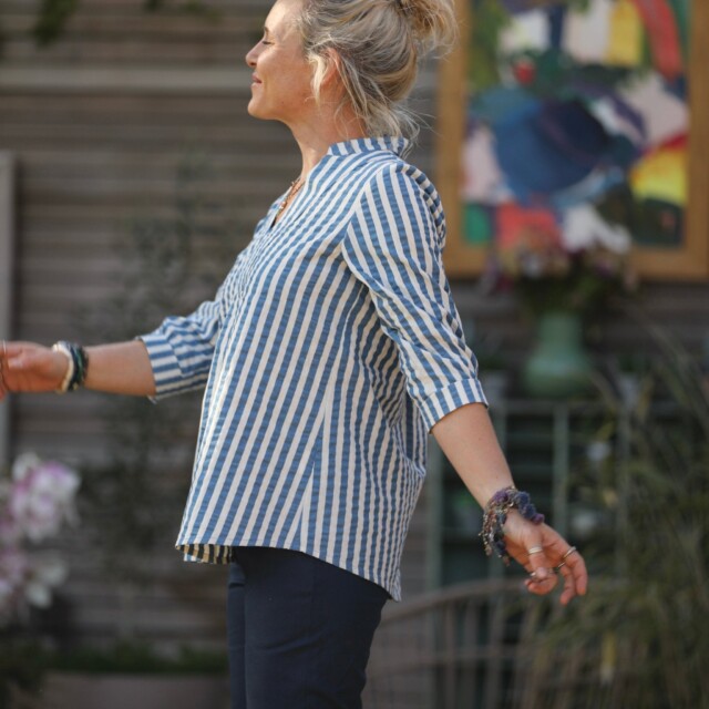 Quintessence - Blouse Isabeau - seersucker large rayure bleu/blanc