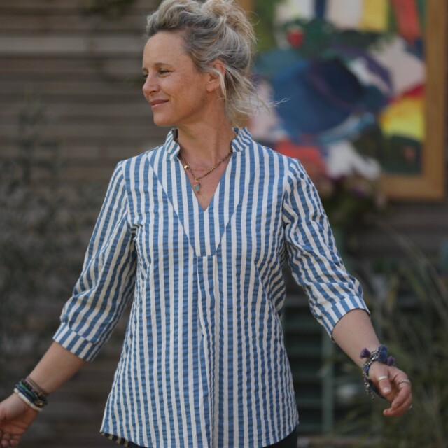 Quintessence - Blouse Isabeau - seersucker large rayure bleu/blanc